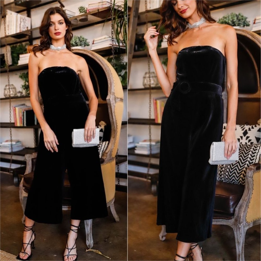 black Strapless Front Buckle Belt Jumpsuit